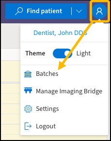 Patient profile icon with yellow highlight box around it and a yellow arrow pointing downwards to Batches.